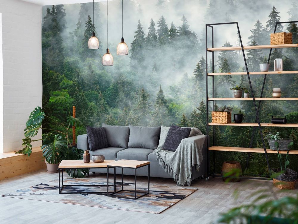 Mistig landschap met groene bomen