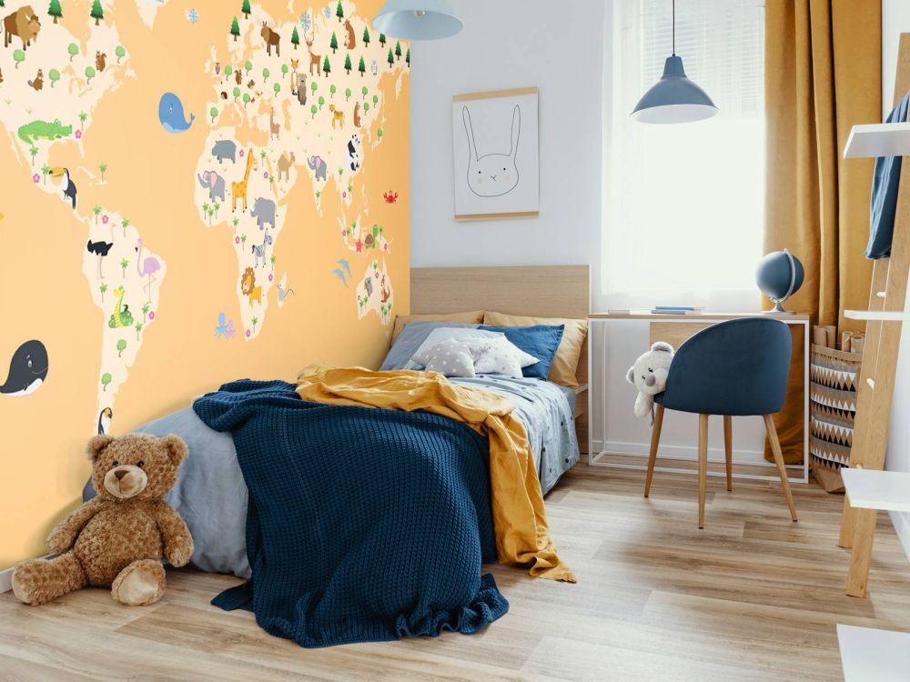 Wereldkaart voor kinderen met gele achtergrond