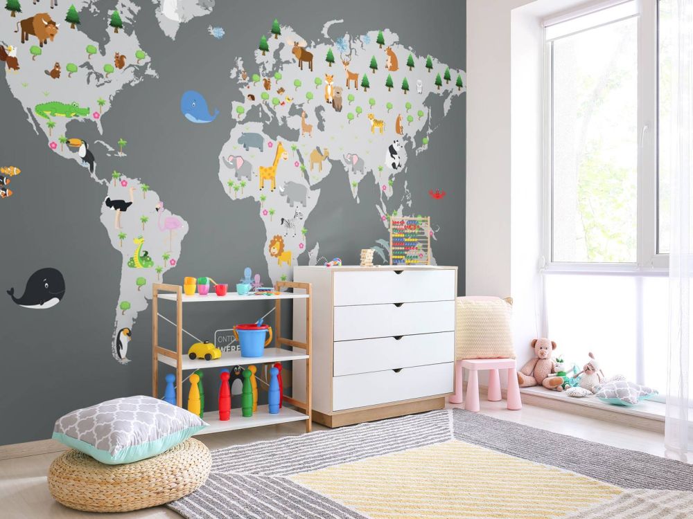 Wereldkaart voor kinderen met grijze achtergrond