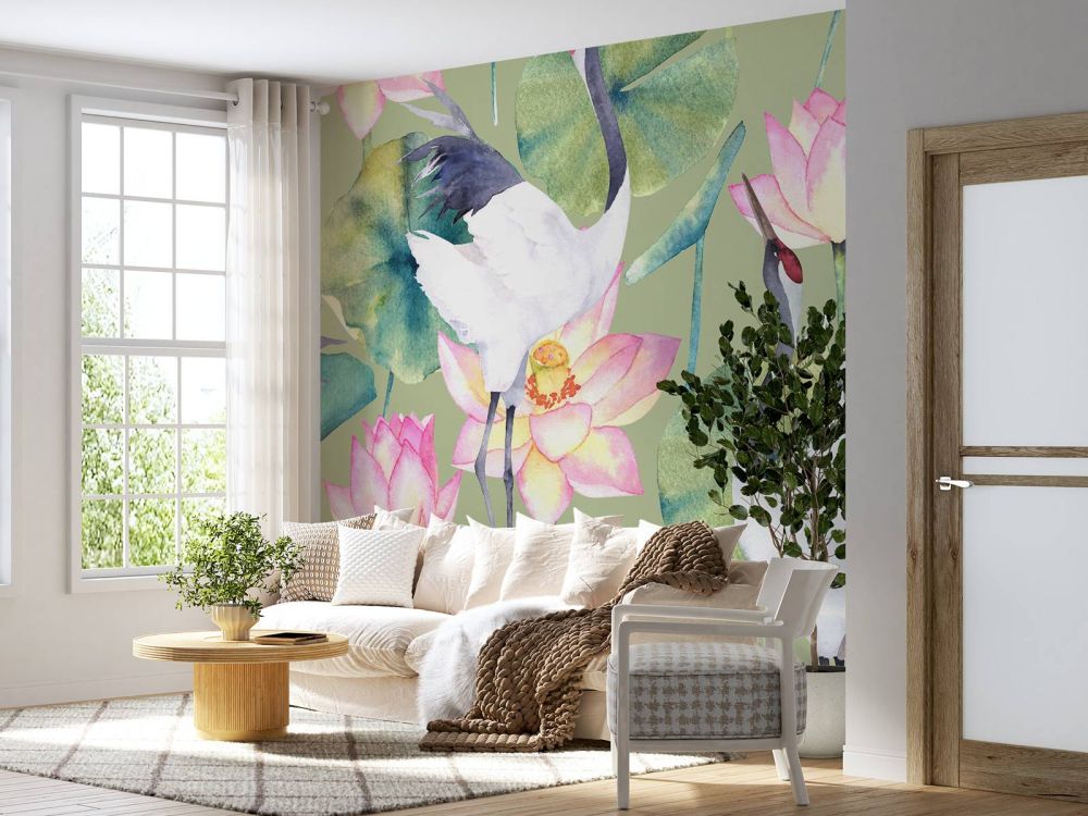 Kraanvogels tussen de bloemen