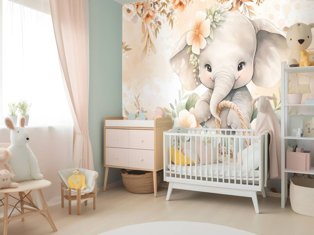 Schattige olifant in bloemenmand