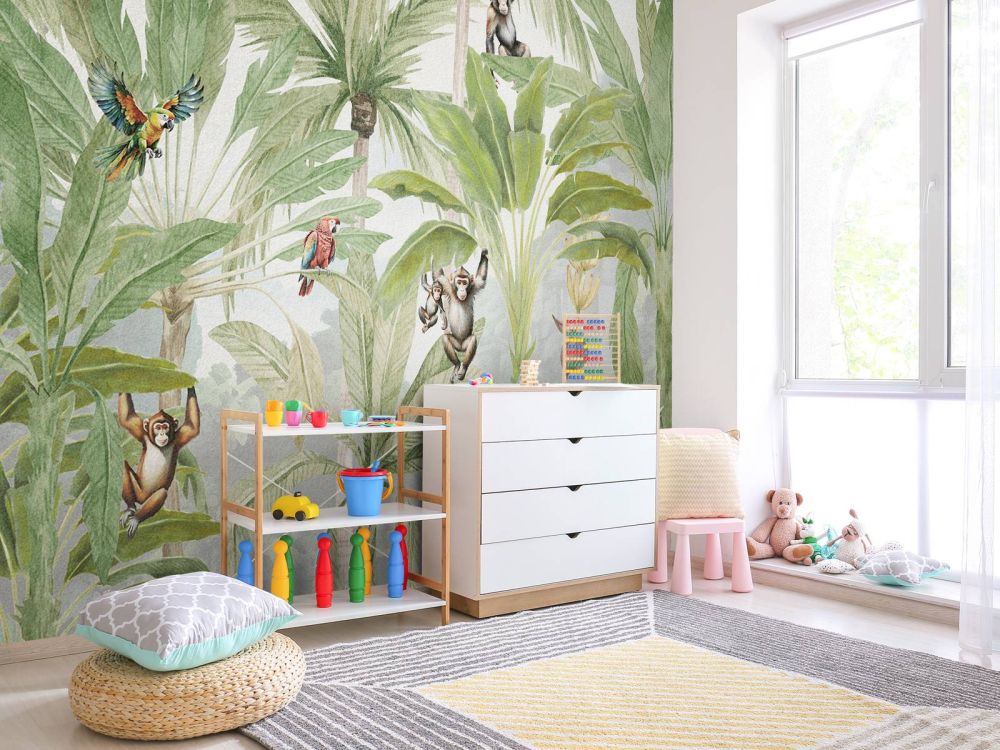 Jungle met apen en papegaaien in kleur