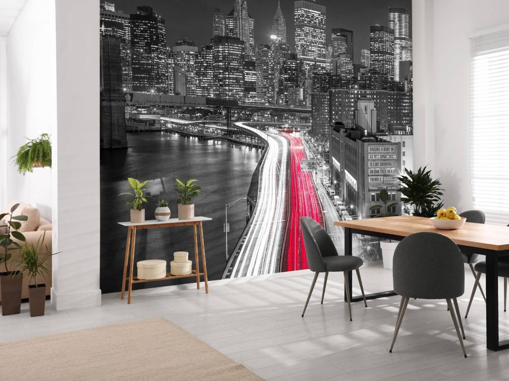 Strip lights on streets of Manhattan by east river, New York