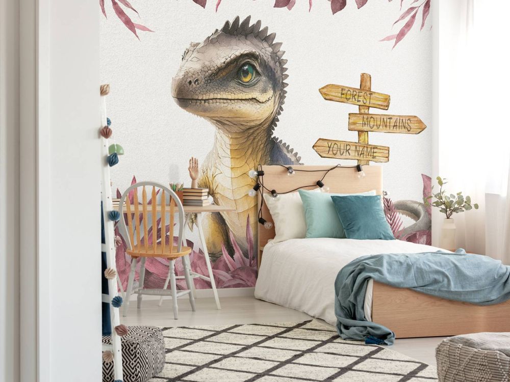 Baby spinosaurus in de jungle roze