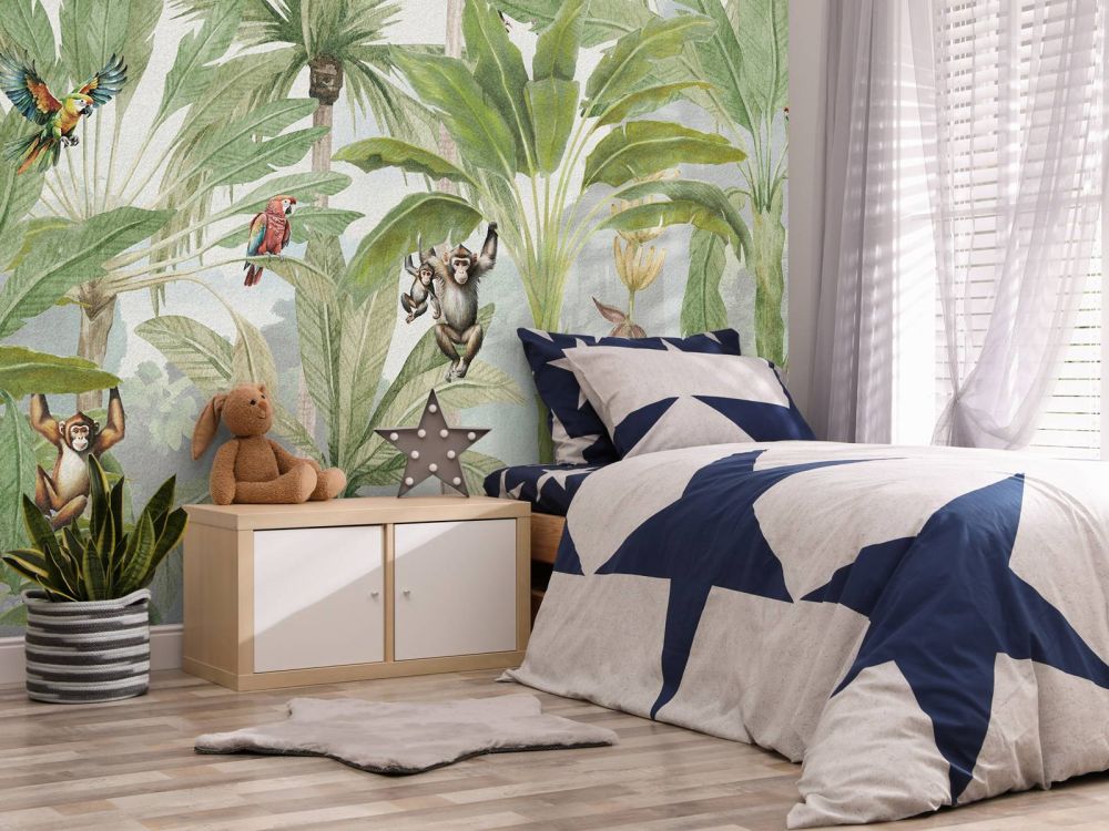 Jungle met apen en papegaaien in kleur