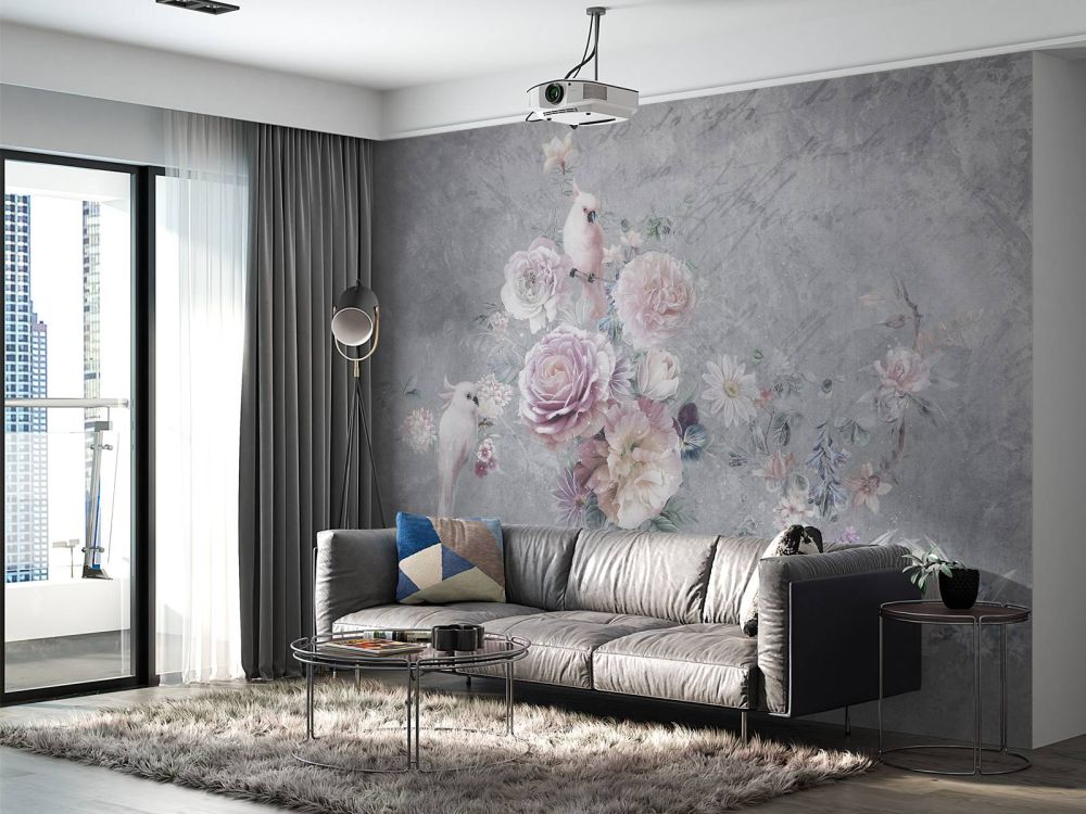 Papegaaien tussen bloemen