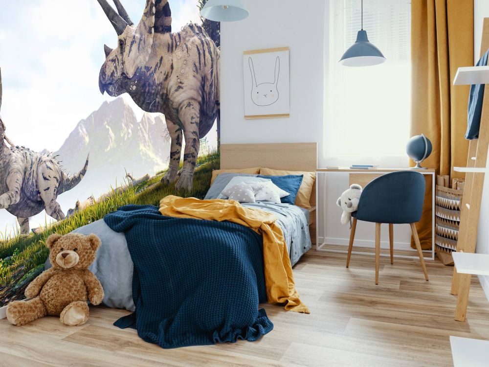 Dinosaurussen lopend door de natuur