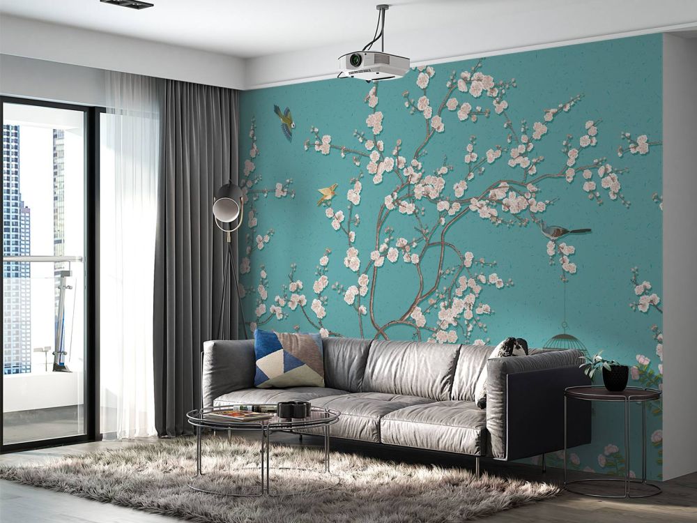 Getekende bloesemboom met vogels