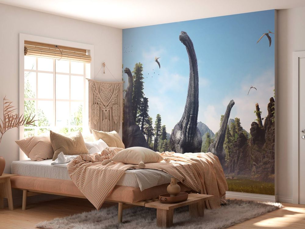 Alamosaurus groep lopen door een vallei