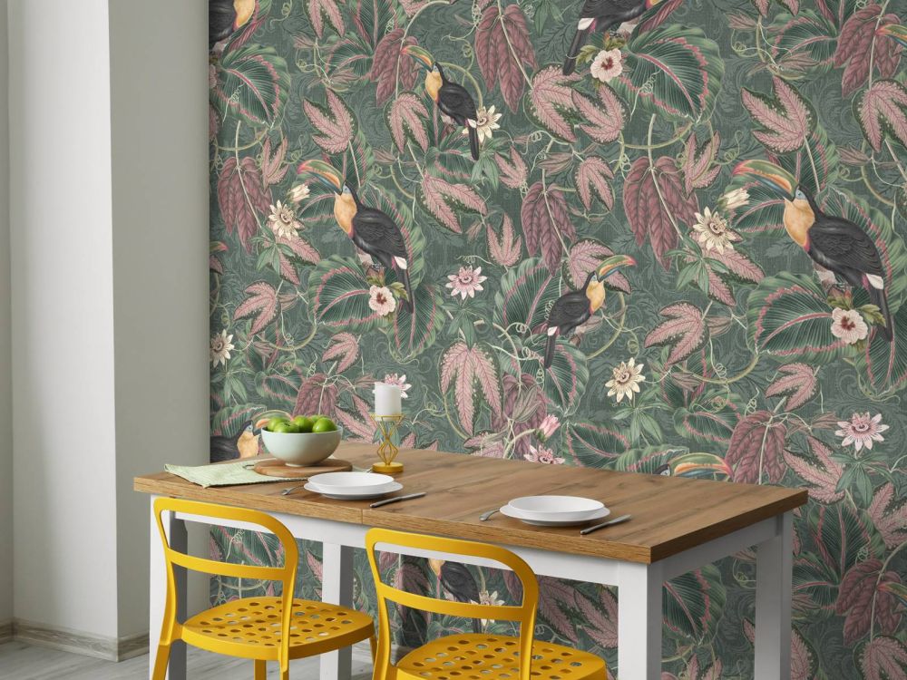 Tropische Jungle vogels & Toekans - donker groen