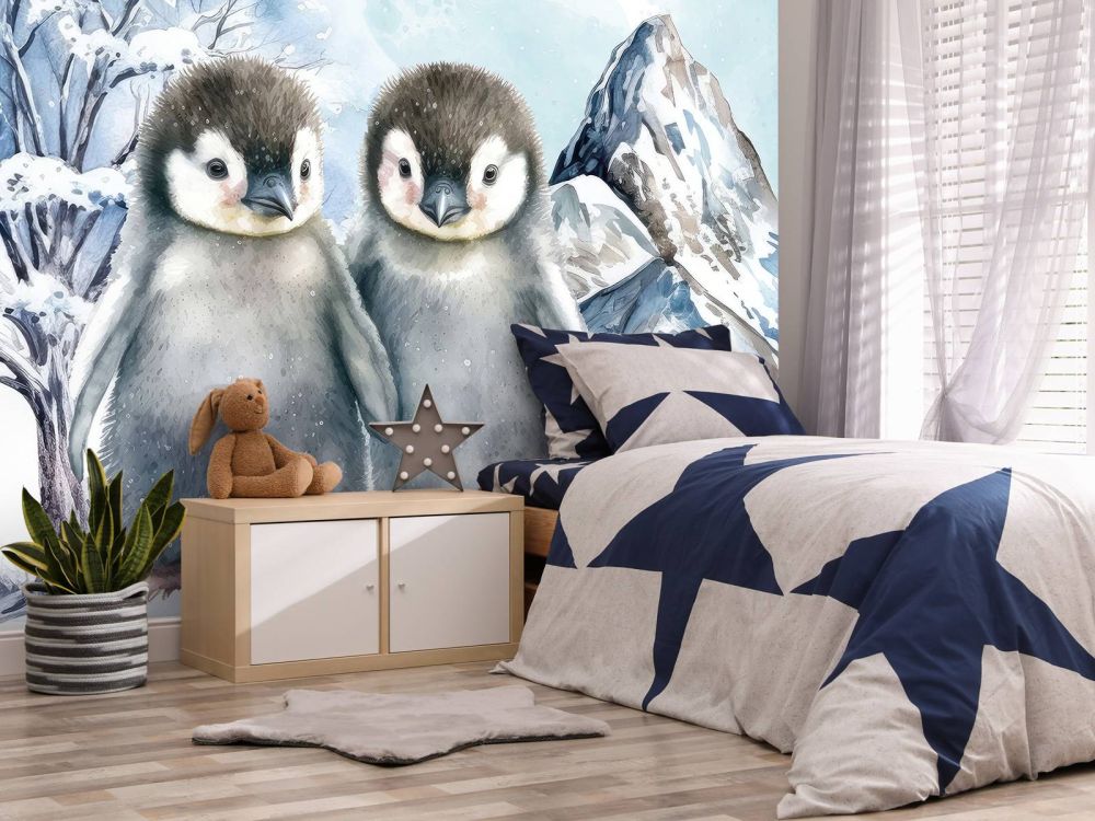 Schattige pinguïns in winterlandschap
