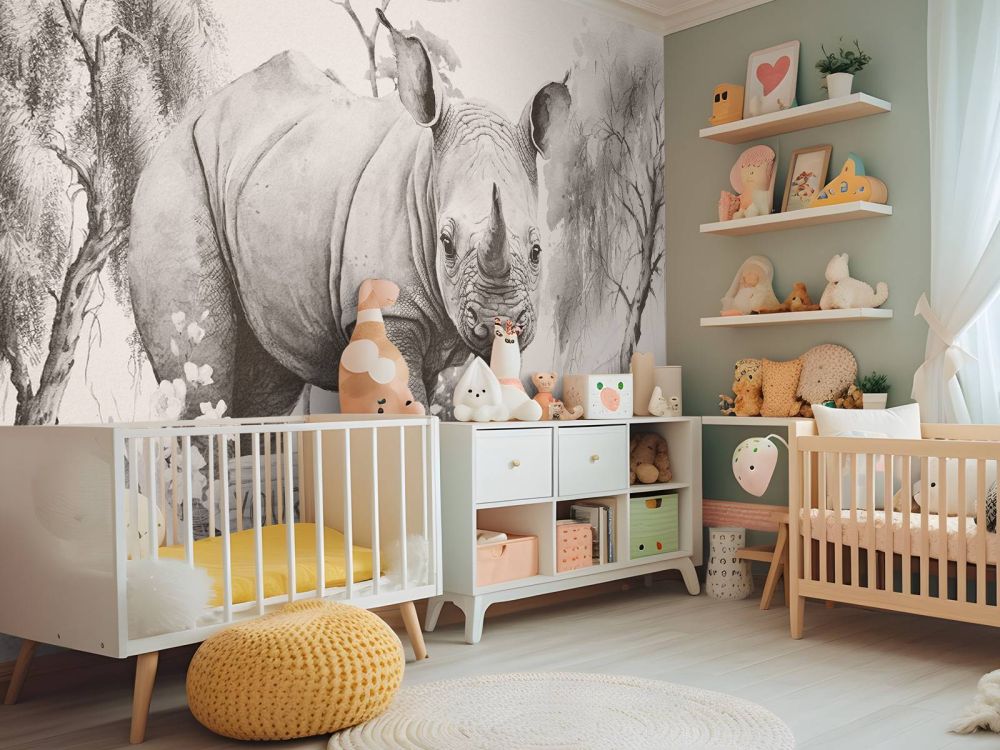 Baby neushoorn op de savanne beige