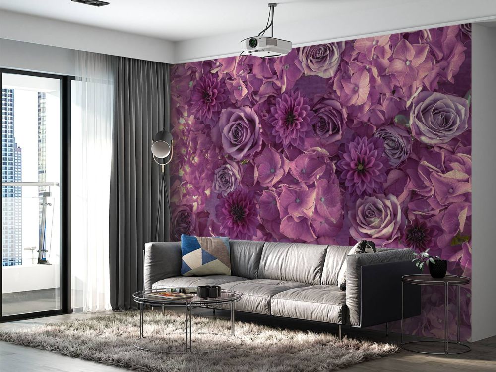 Paarse hortensia's, rozen en dahlia's