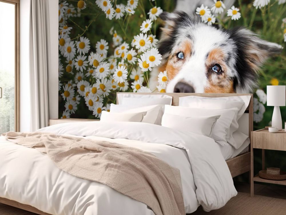Australische herder tussen de bloemen
