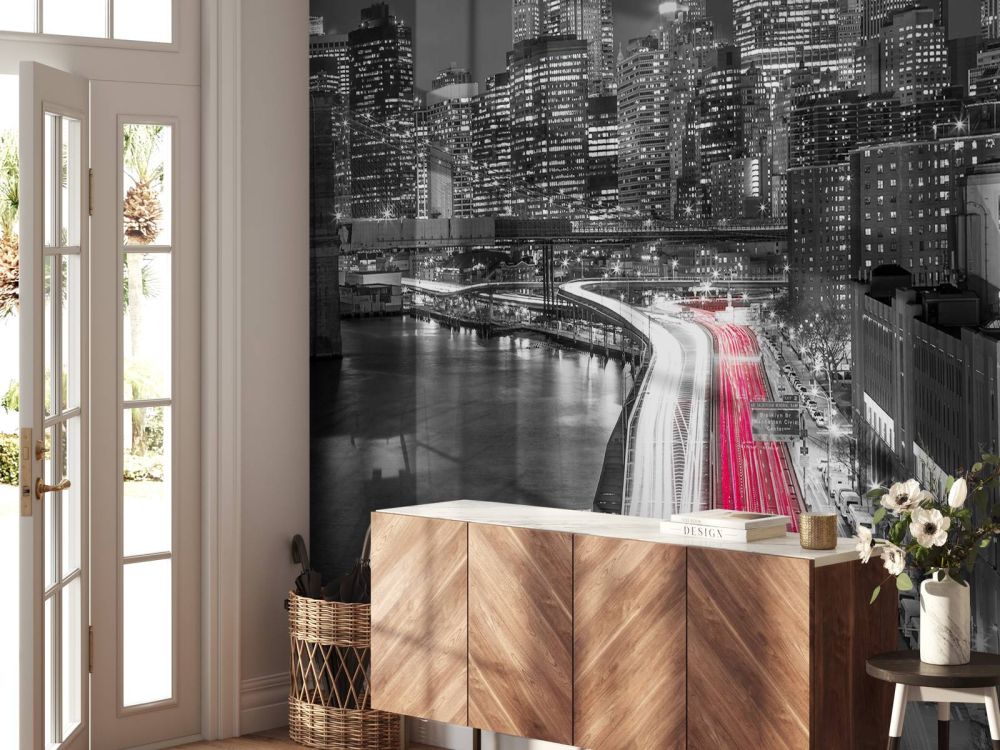 Strip lights on streets of Manhattan by east river, New York