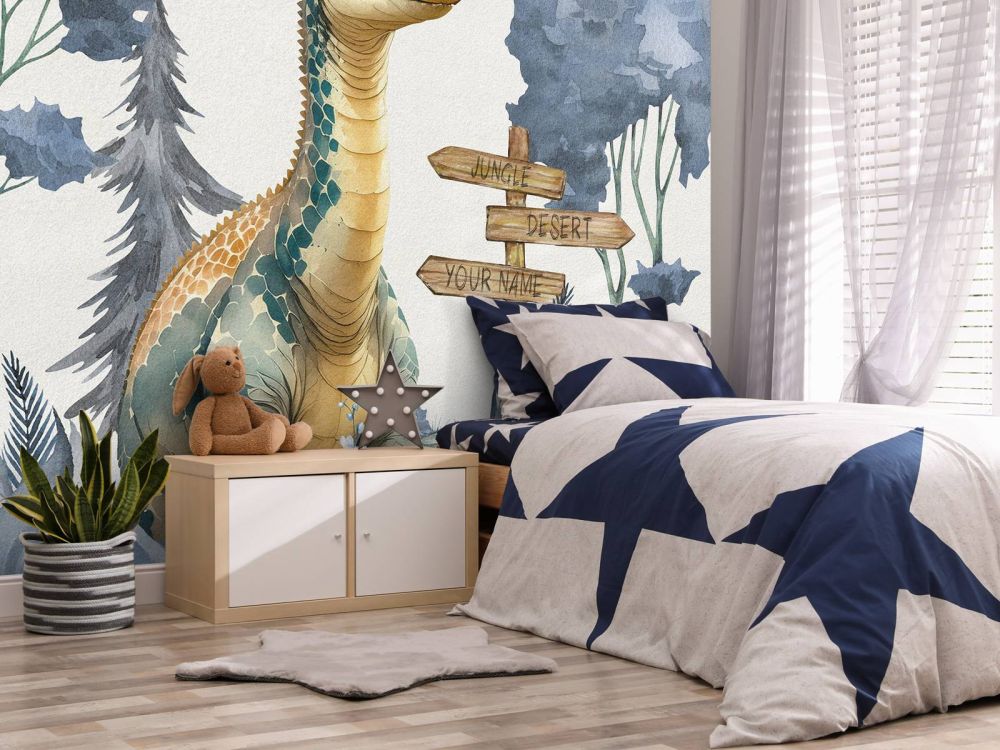 Baby brachiosaurus in de jungle blauw