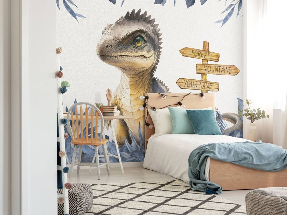 Baby spinosaurus in de jungle blauw