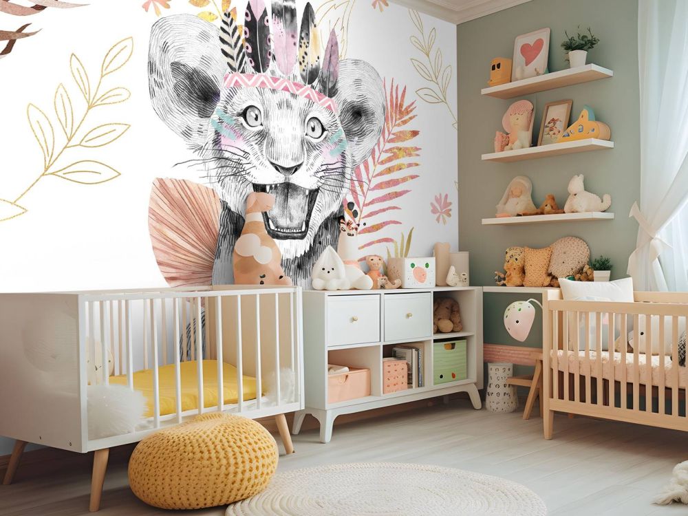Babyleeuwin met koraalroze en gouden bladeren