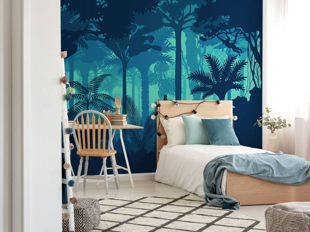 Blauwe jungle silhouetten