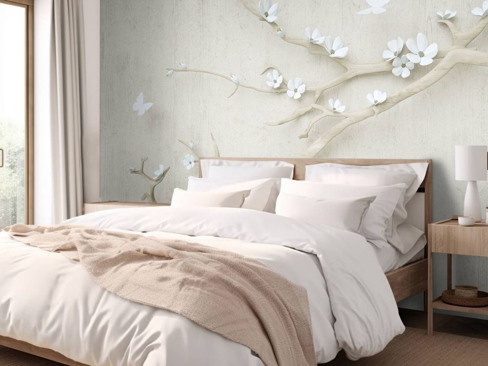 Tak met witte bloemen op houten achtergrond