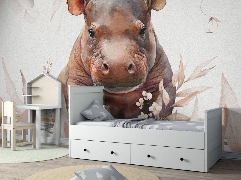 Baby nijlpaard in de bladeren taupe