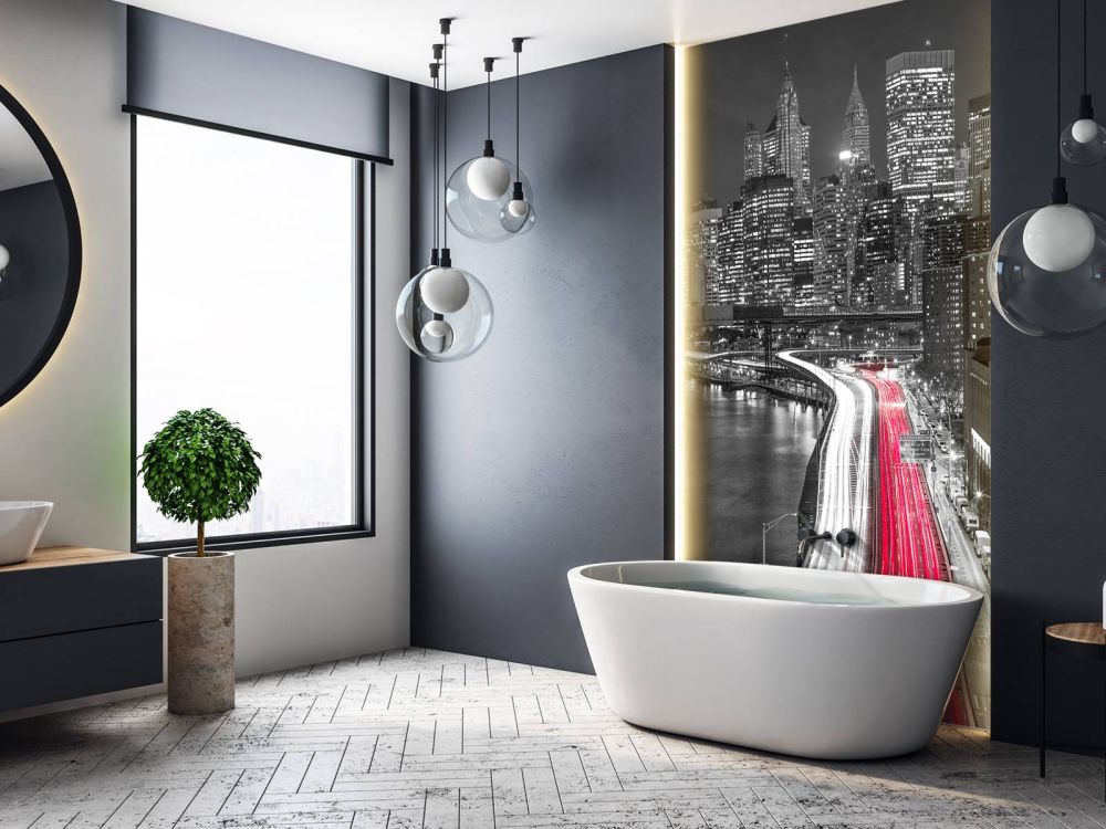 Strip lights on streets of Manhattan by east river, New York