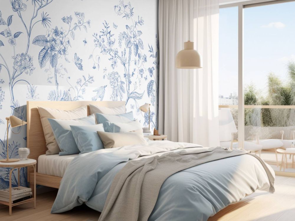Bloemen illustratie, blauw-wit