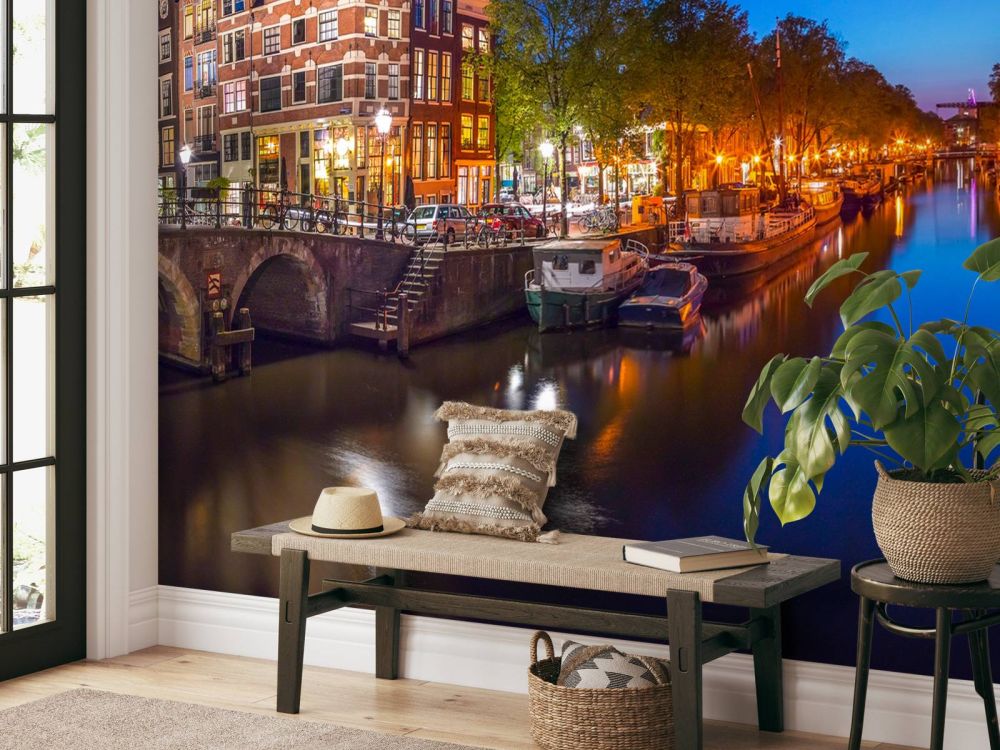 Evening view of Amsterdam city and canals