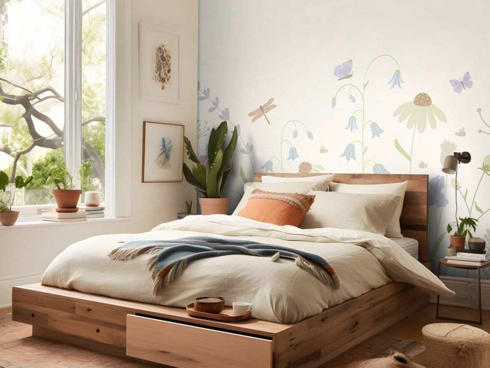Bloemenveld hoog met vlinders beige, oud roze, groen en lila