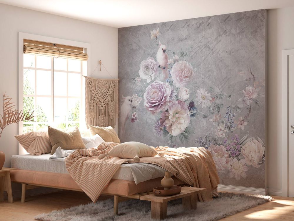 Papegaaien tussen bloemen