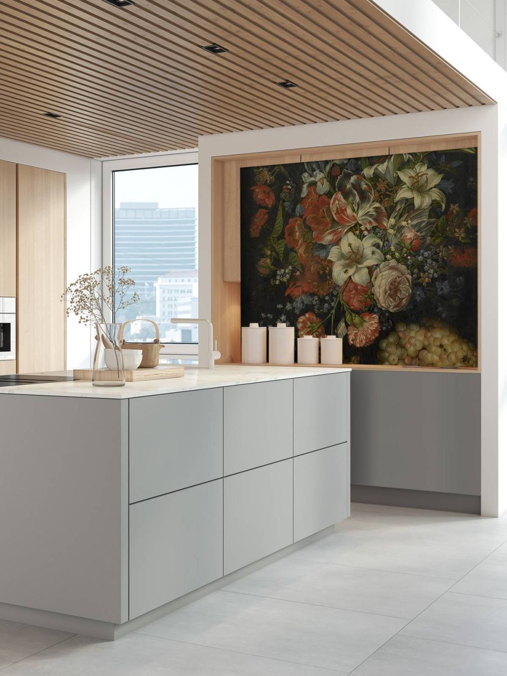 Stilleven met bloemen en vruchten