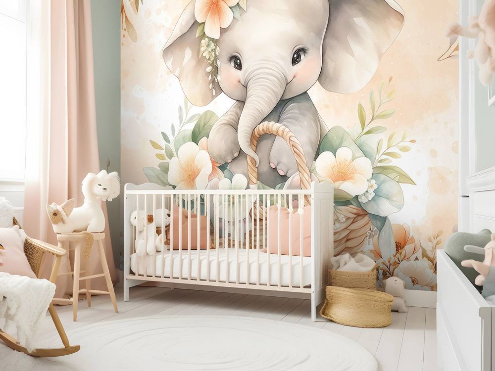 Schattige olifant in bloemenmand