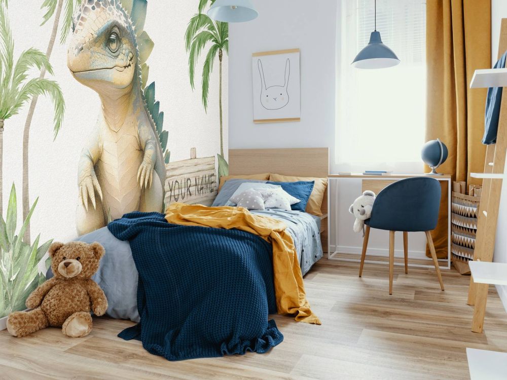 Baby stegosaurus in de jungle