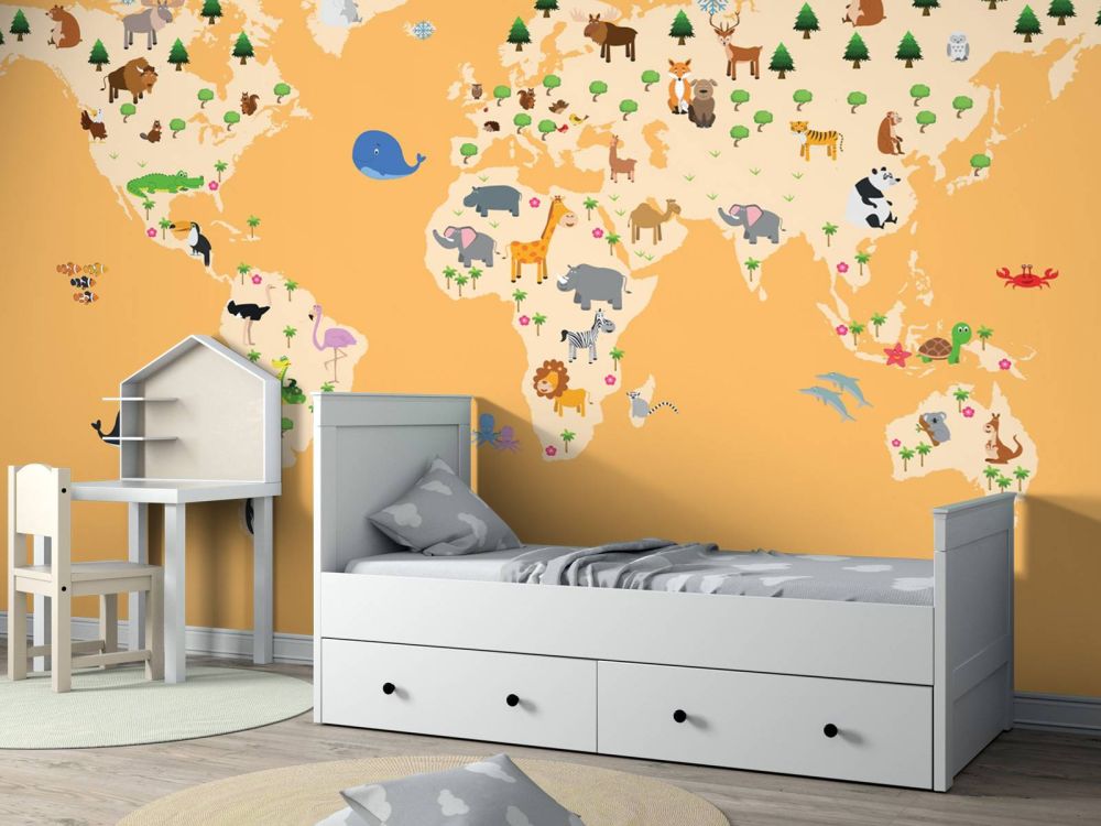 Wereldkaart voor kinderen met gele achtergrond