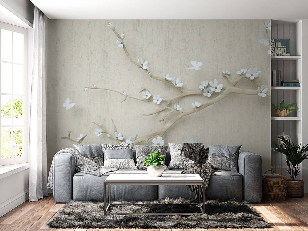 Tak met witte bloemen op houten achtergrond