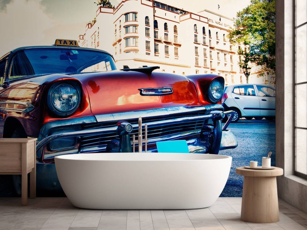 Behang met een rode klassieke auto