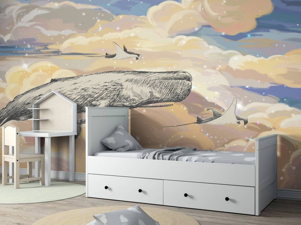 Zwemmende walvis door de wolken