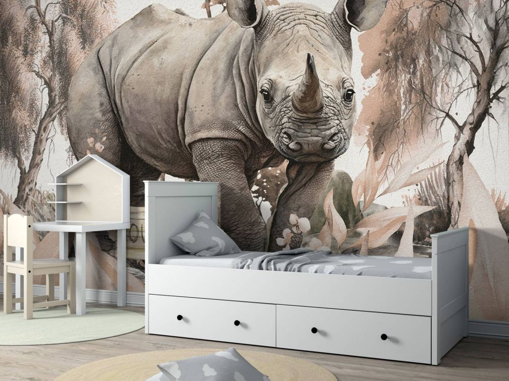 Baby neushoorn op de savanne taupe