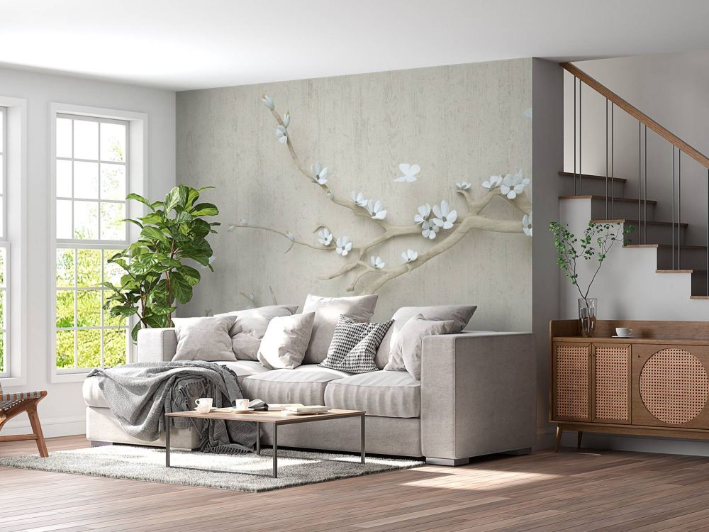 Tak met witte bloemen op houten achtergrond