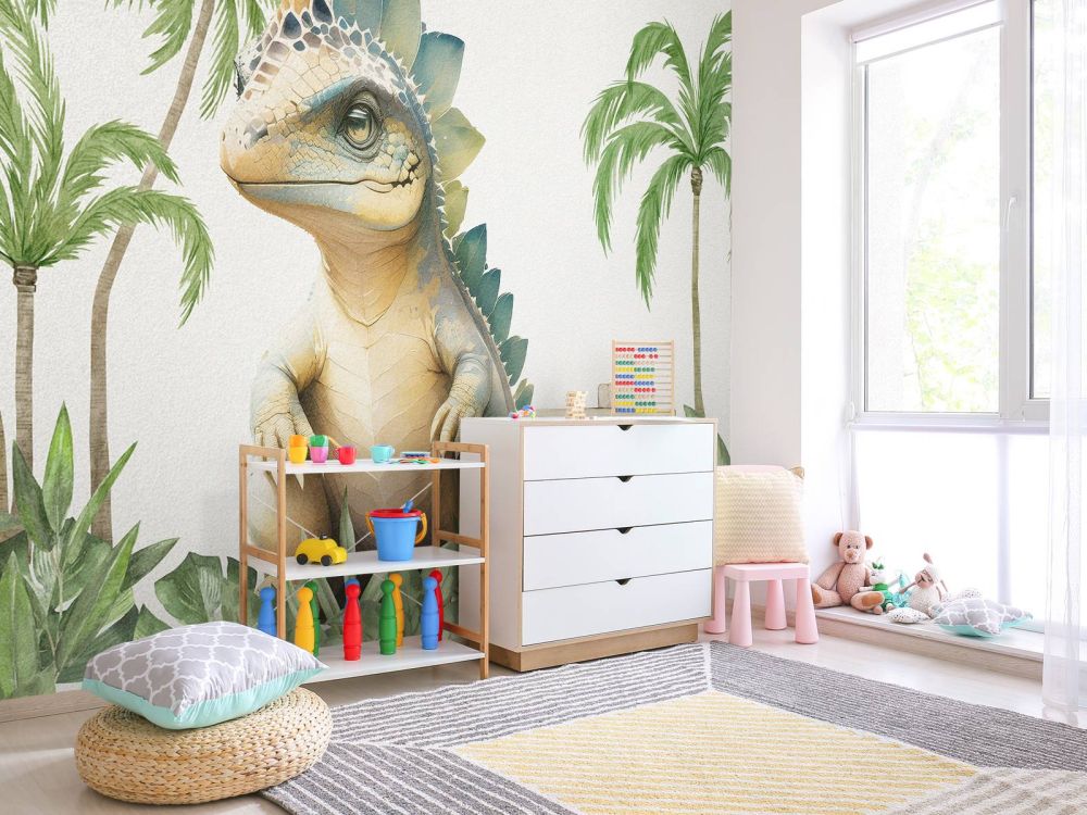 Baby stegosaurus in de jungle