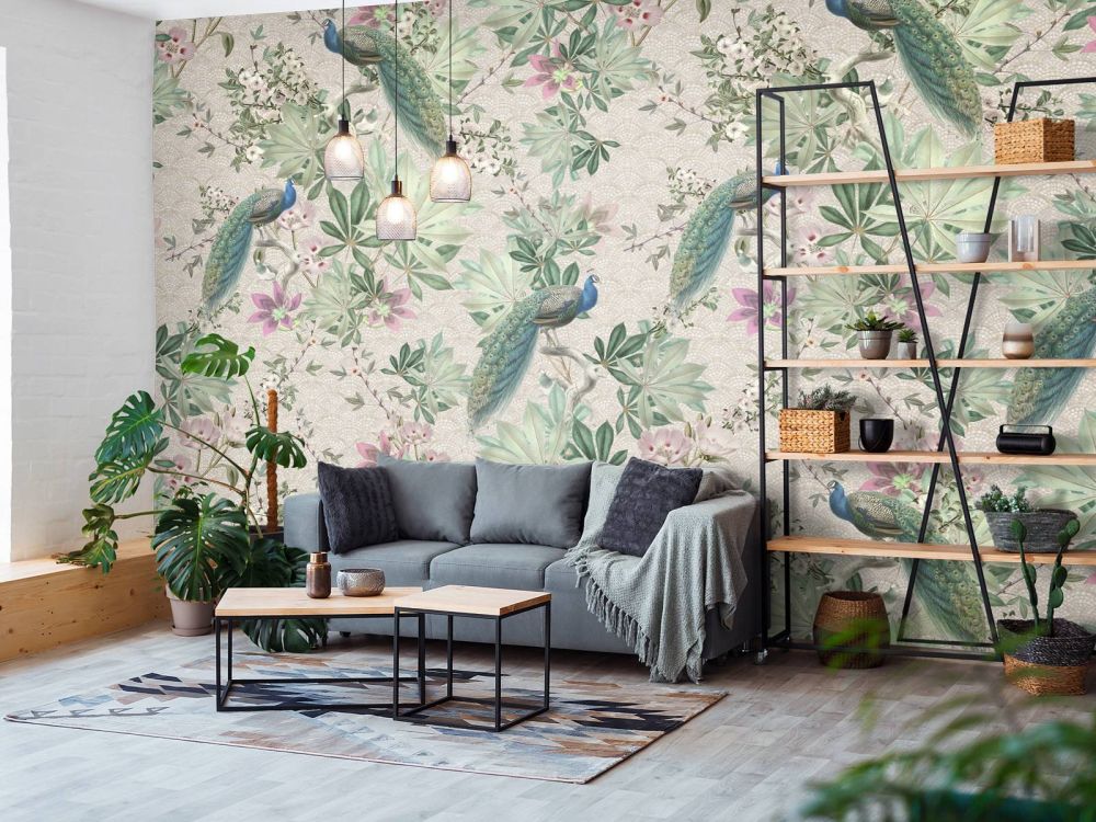 Vintage garden pauwen - creme