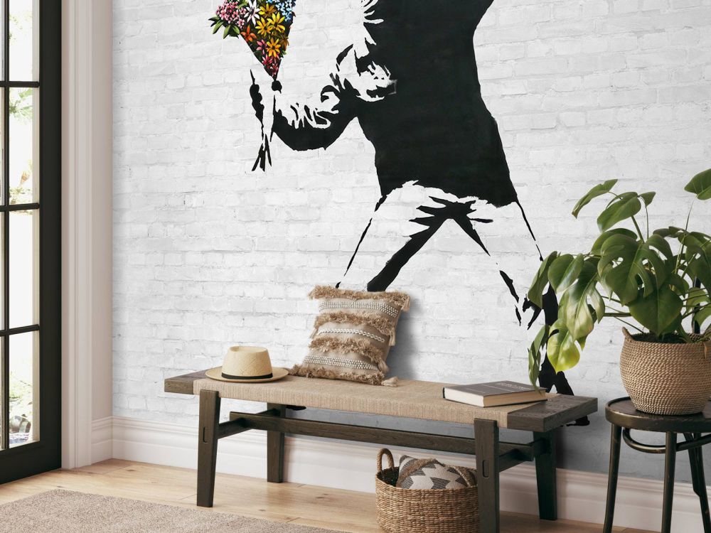 Banksy - Flower thrower, white bricks