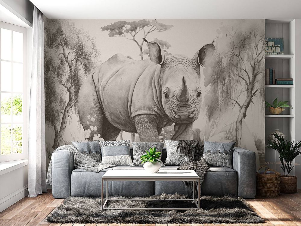 Baby neushoorn op de savanne beige