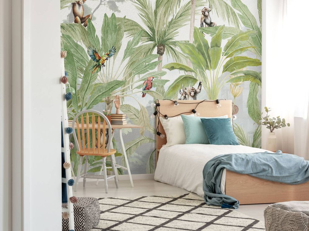 Jungle met apen en papegaaien in kleur