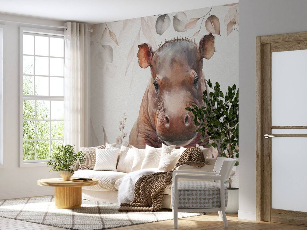 Baby nijlpaard in de bladeren taupe