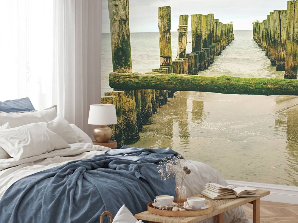 Mossige paalhoofden in het water