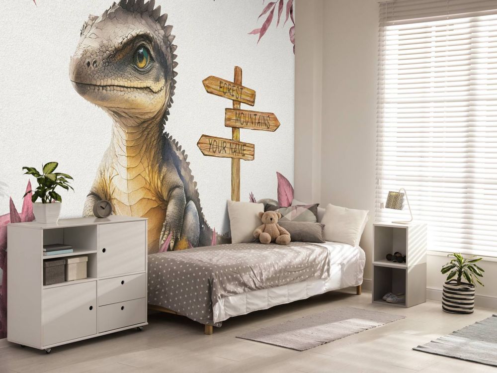 Baby spinosaurus in de jungle roze