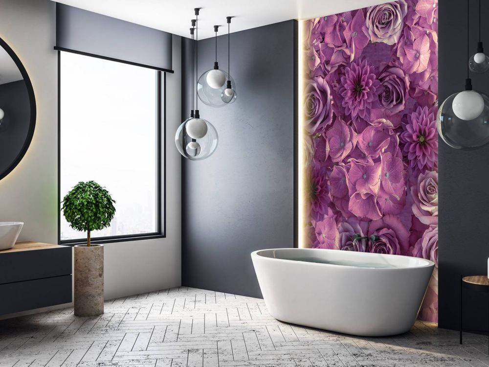 Paarse hortensia's, rozen en dahlia's