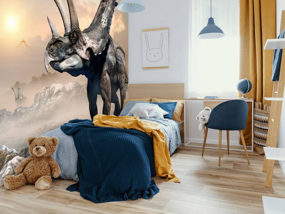 Dinosaurus in de ochtend mist