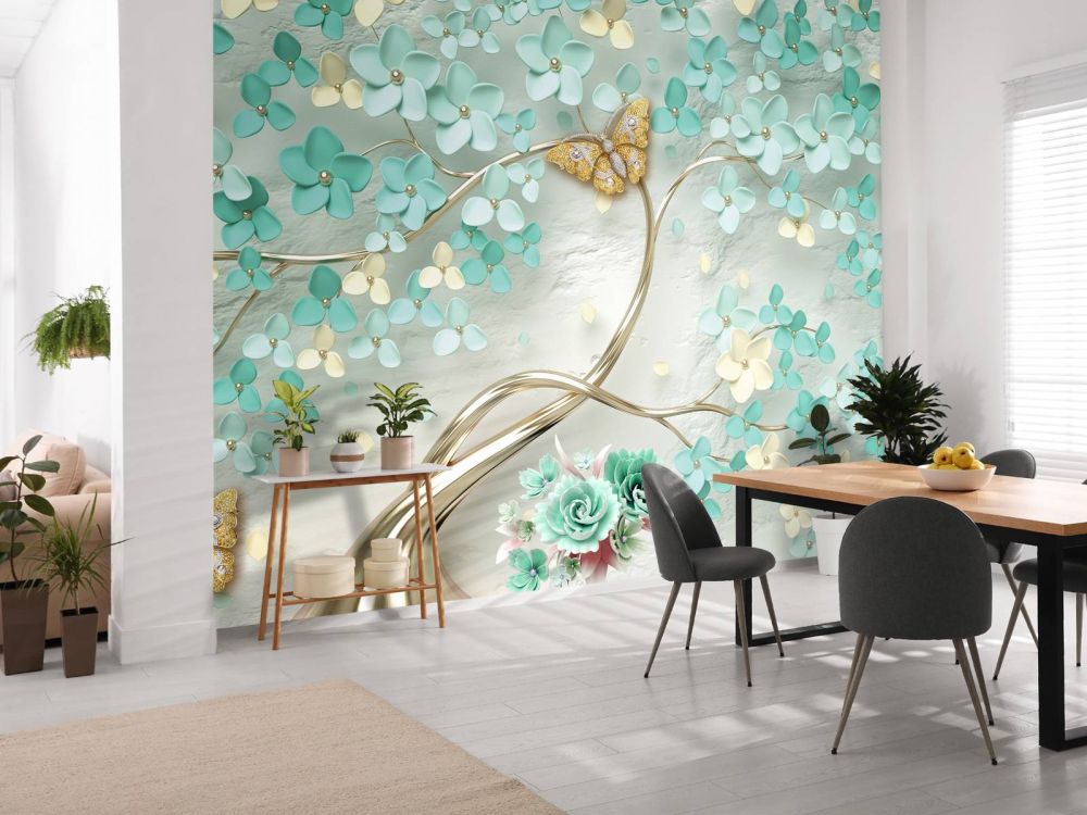Gouden fantasieboom met groene bloemen